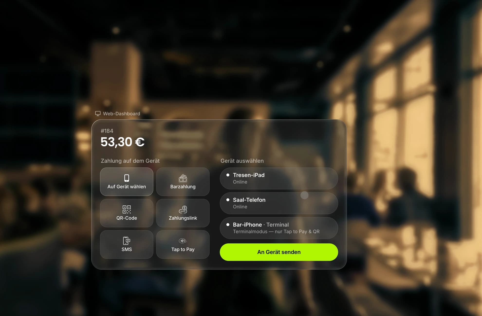 An Gerät senden im Bistro Nord: Bestellung #184 geht vom Web-Dashboard an das Tresen-iPad, wird an das Saal-Telefon weitergegeben und dort per Tap to Pay bezahlt, und „Zahlung erhalten“ kommt zurück aufs iPad.