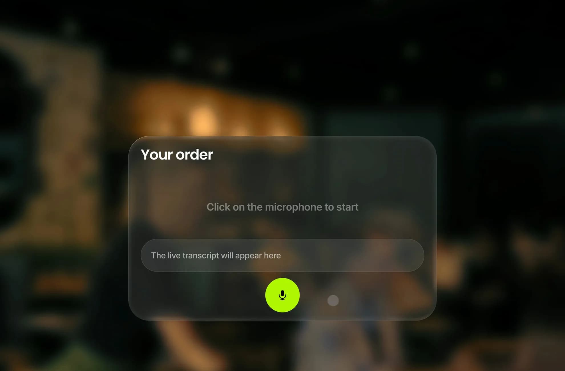 An order is dictated into Tapp: the transcript types in, the items land at menu prices, a correction changes a quantity, and the order goes on to payment.