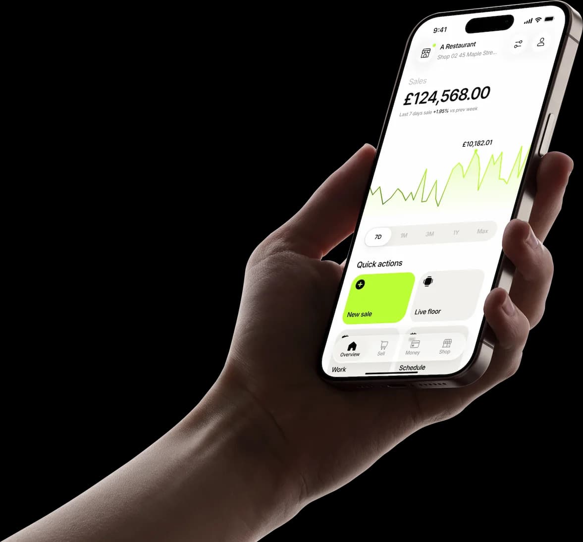 A hand holds a phone on the Tapp home screen, showing the week’s sales and quick actions