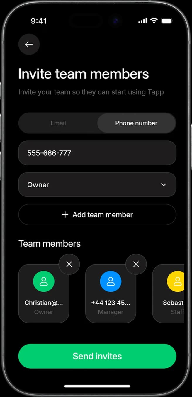 Tapp on a phone: inviting team members by phone number and role