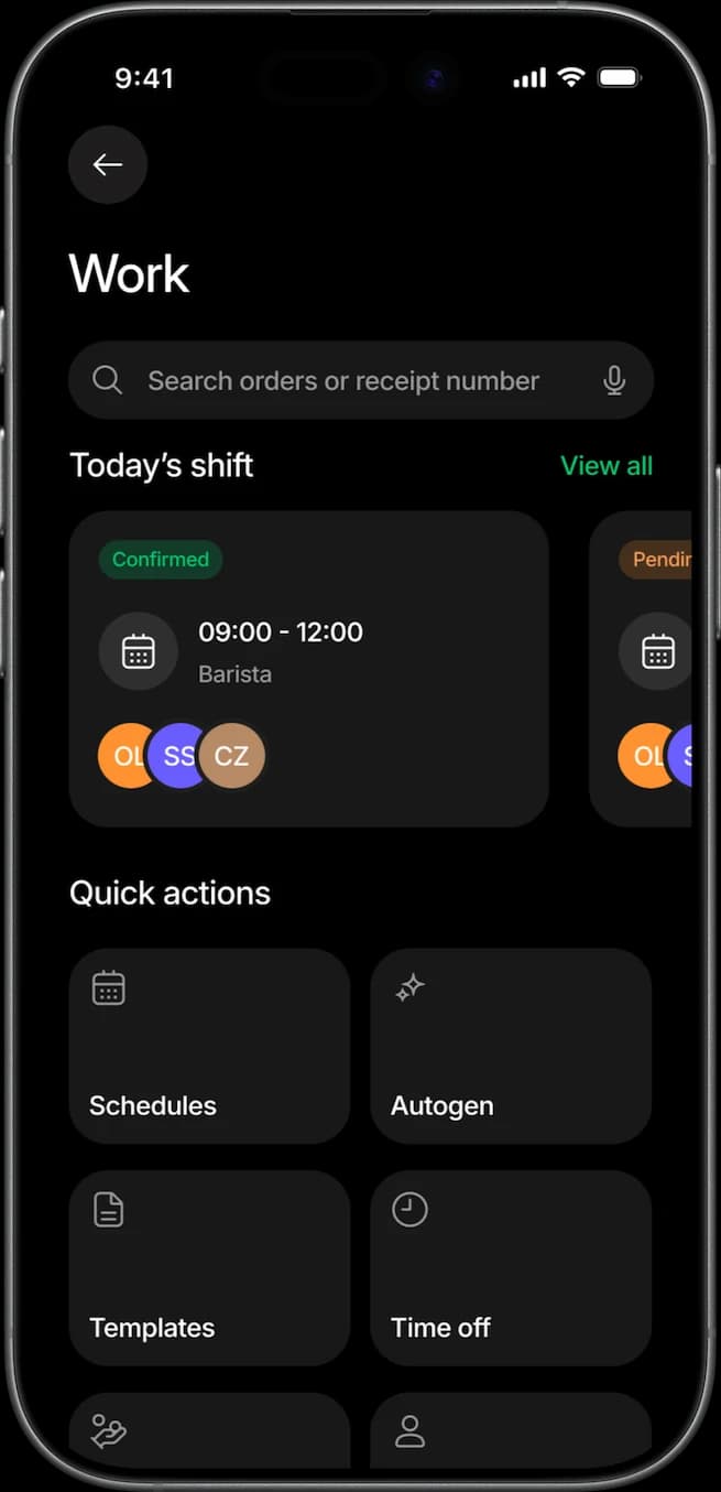 Tapp staff view on a phone showing today’s shift and quick actions