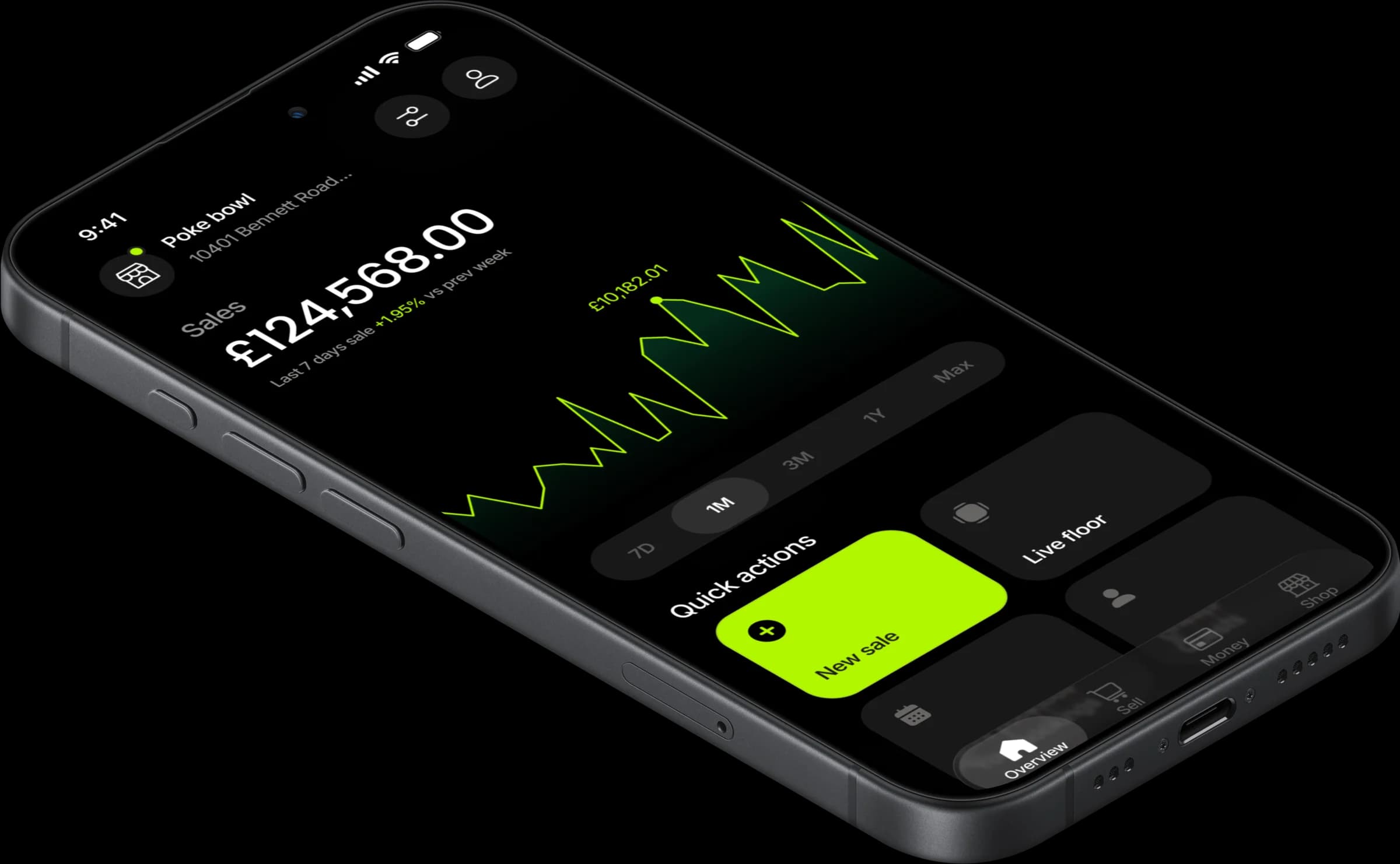 An iPhone at an angle showing the Tapp app’s Home: the week’s sales above a lime chart, and quick actions for a new sale and the live floor